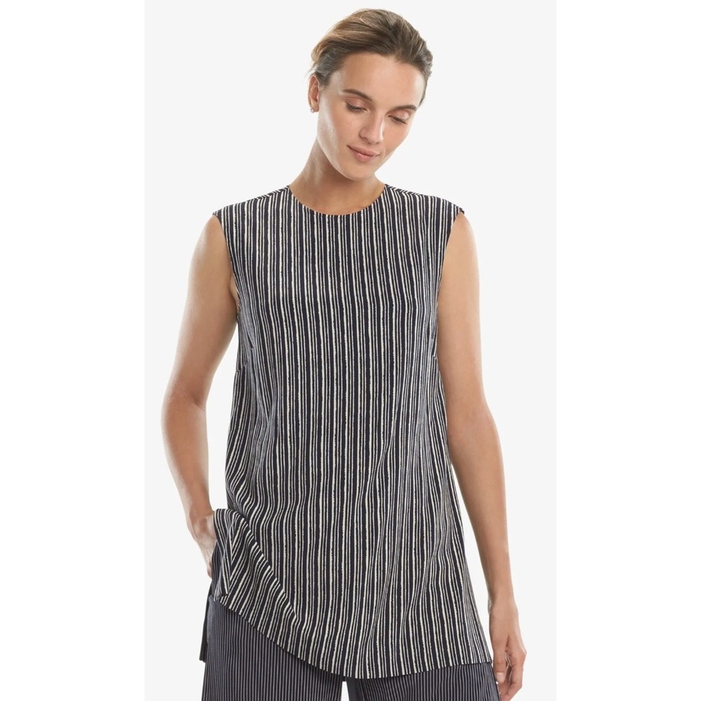 MM.LaFleur Navy Cream Striped Sleeveless Tunic Top Italian Fabric Sz L